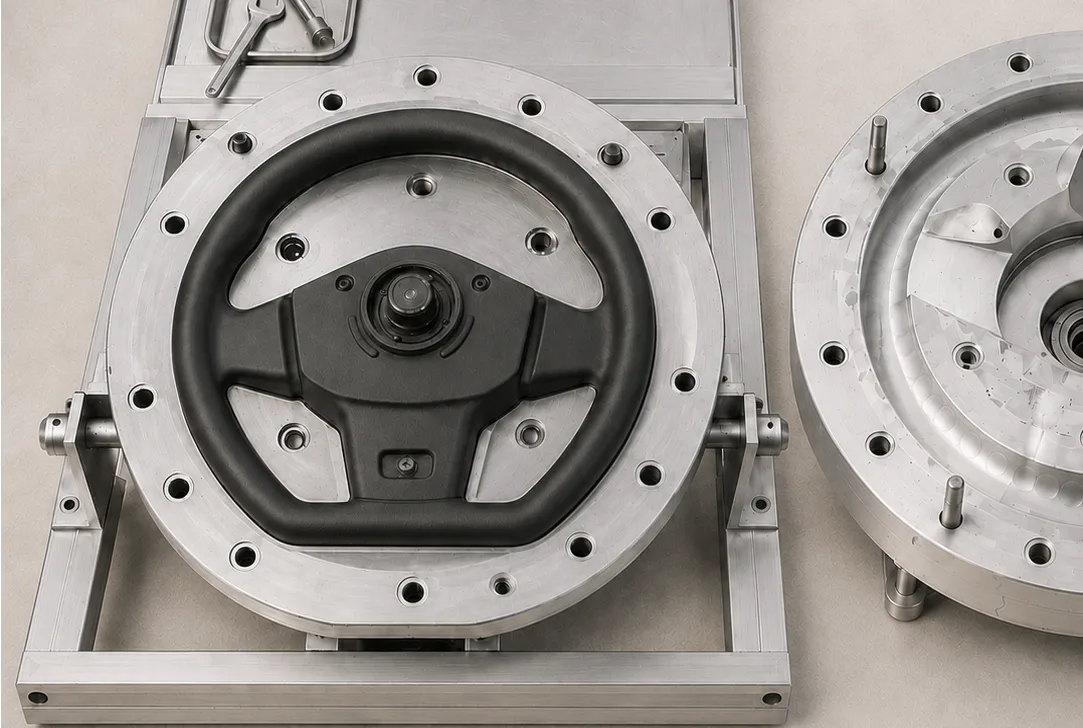 Aluminum mold with finished PUR steering wheel
